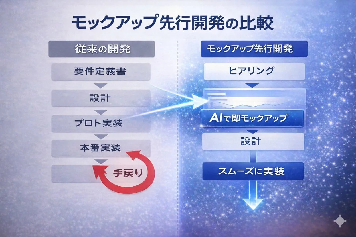 従来の開発とAIモックアップ先行開発の比較