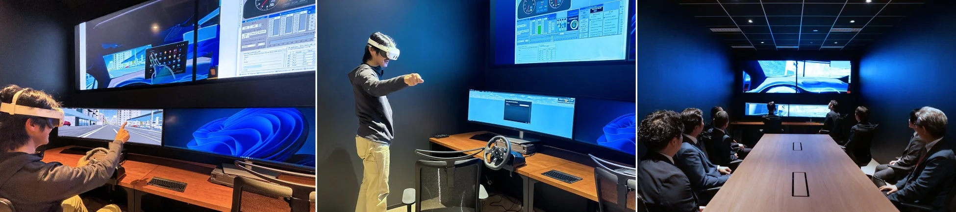 VRヘッドセットと大型ディスプレイが設置された空間で、ドライビングシミュレーションやデータ分析が行われている様子