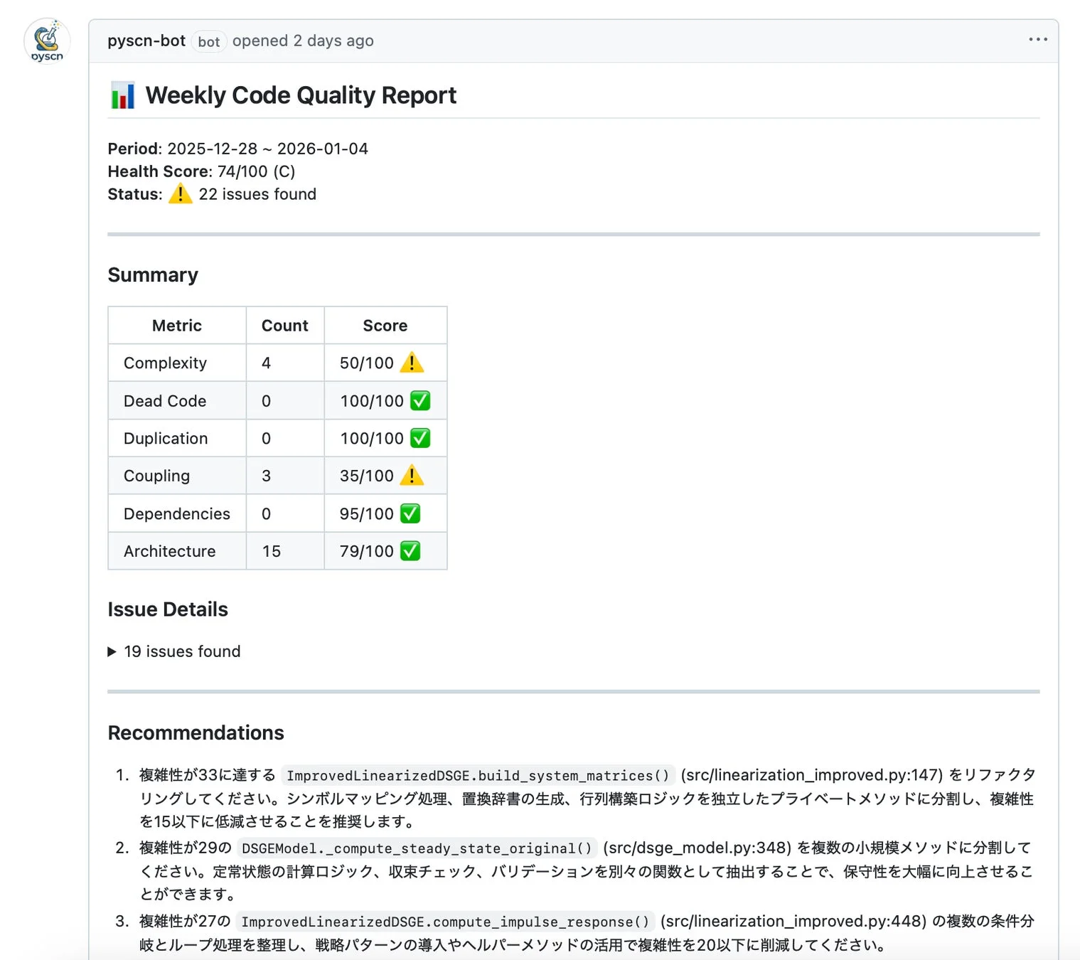 週次コード品質レポートの画面
