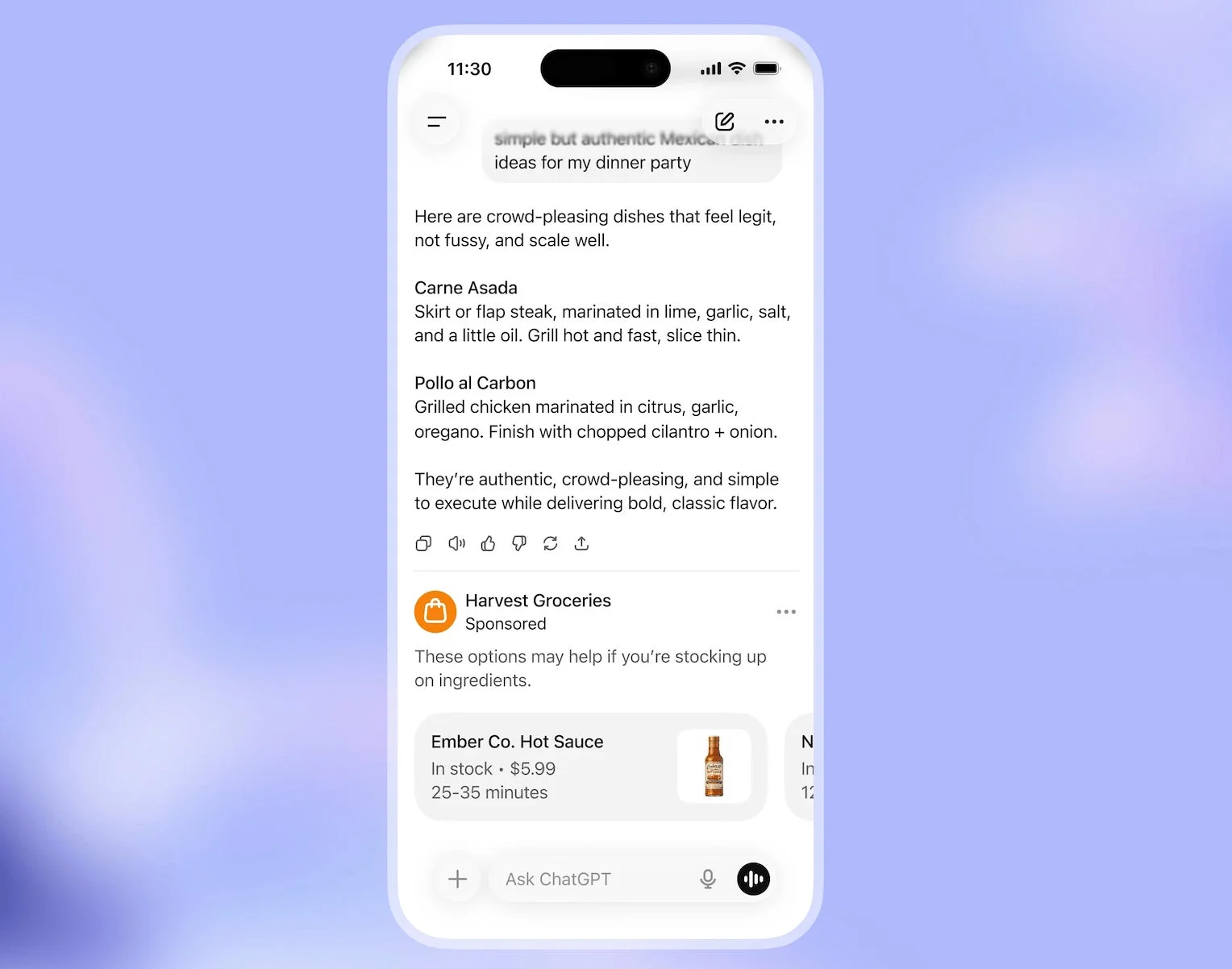 ChatGPTがメキシコ料理のディナーパーティーレシピを提案するスマートフォン画面