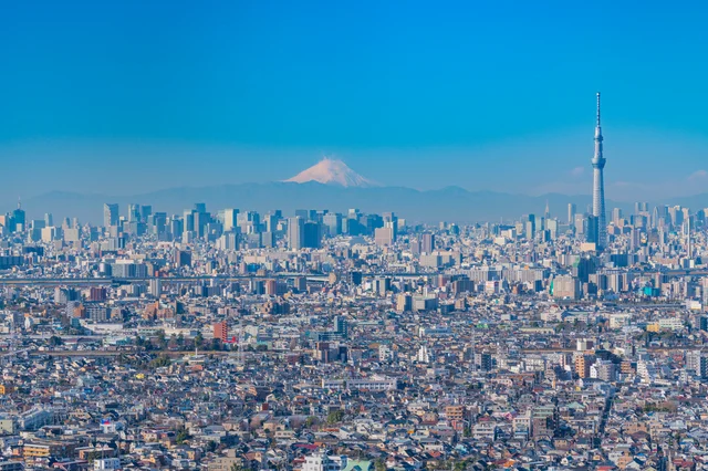 快晴の青空の下、東京の広大な街並みを一望できるパノラマ写真