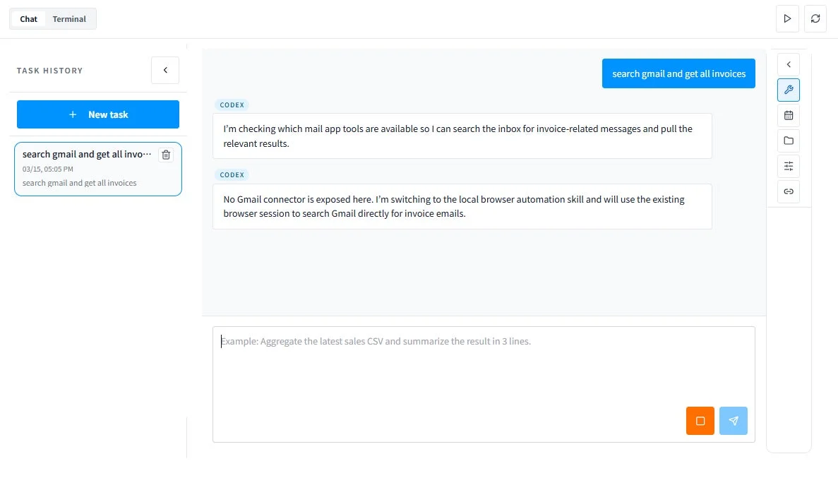 チャットインターフェースで、Gmailから請求書を検索する自動化タスクの履歴と詳細が表示されています。