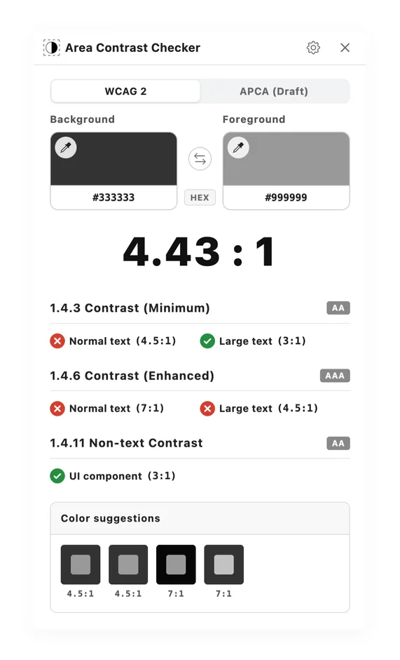 この画像は「Area Contrast Checker」というツールで、背景色と前景色のコントラスト比4.43:1をWCAG 2基準で評価しています。通常のテキストではコントラストが不足しているが、大きなテキストとUIコンポーネントでは基準を満たしていることを示しています。カラー提案も含まれています。