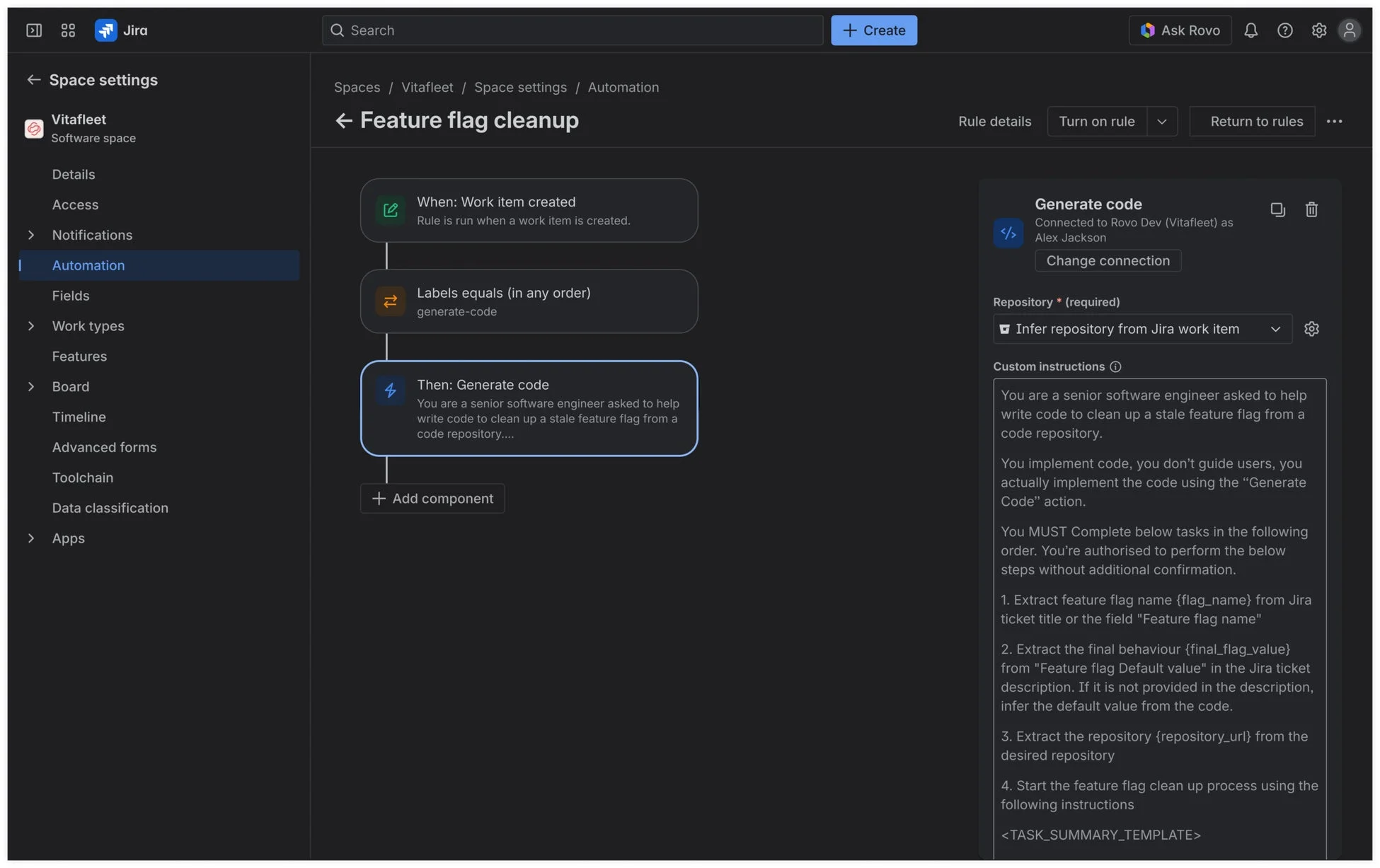 Jiraの自動化設定画面で、Rovo Devによるフィーチャーフラグクリーンアップワークフローが示されている