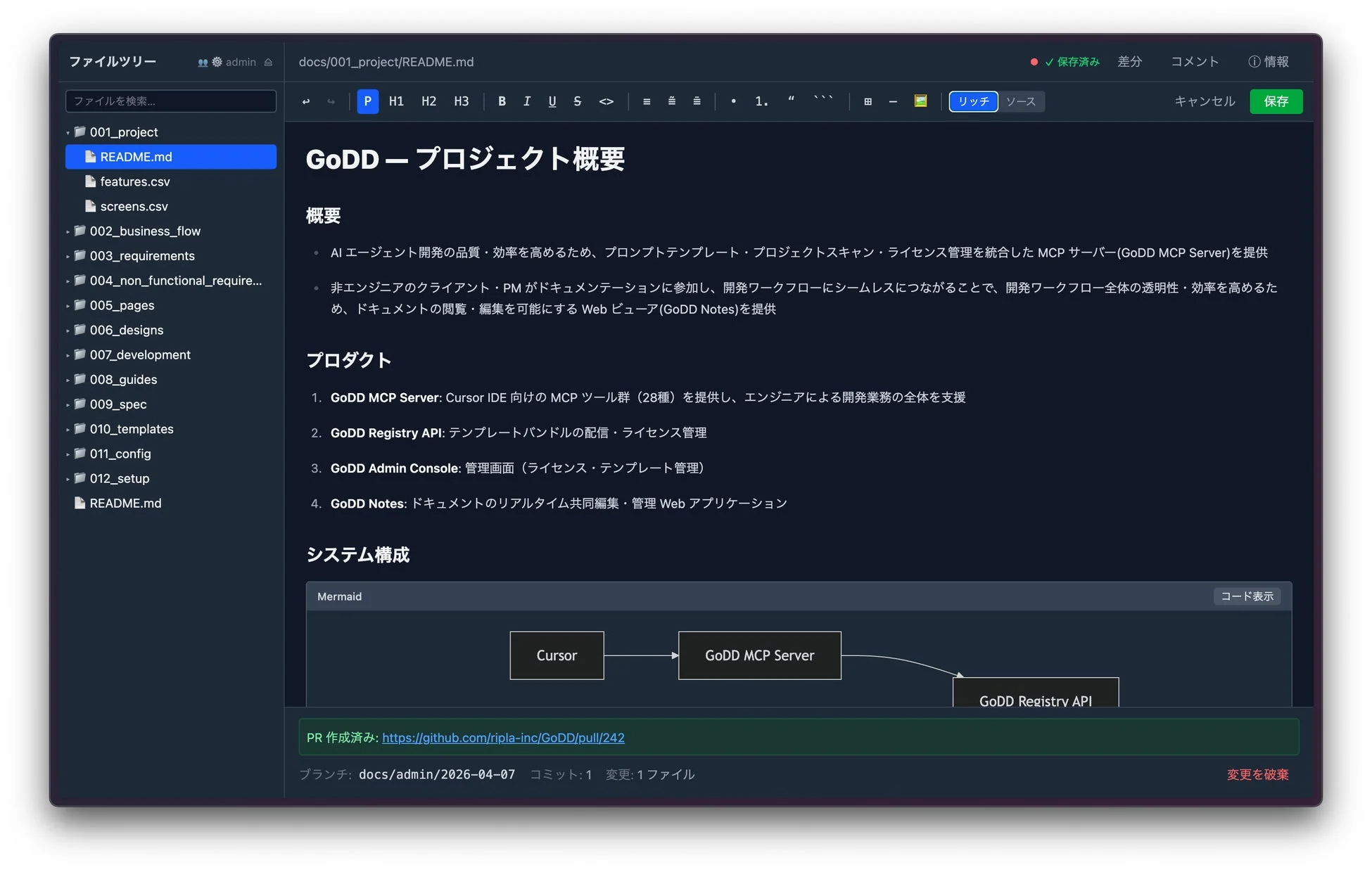 GoDD Notesの仕様書共同編集画面