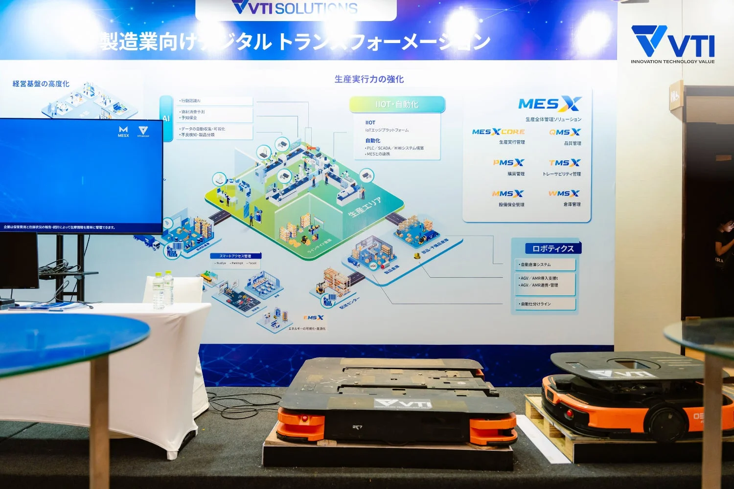 製造業向けのデジタル変革ソリューション「MES X」の概念図と関連製品が展示されているブース