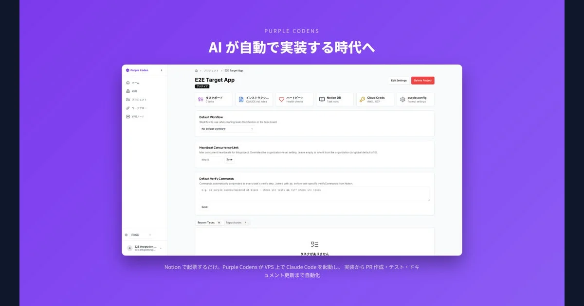 AIによる自動実装「Purple Codens」のダッシュボード