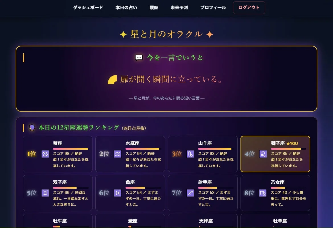 星と月のオラクルという星座占いのダッシュボード画面